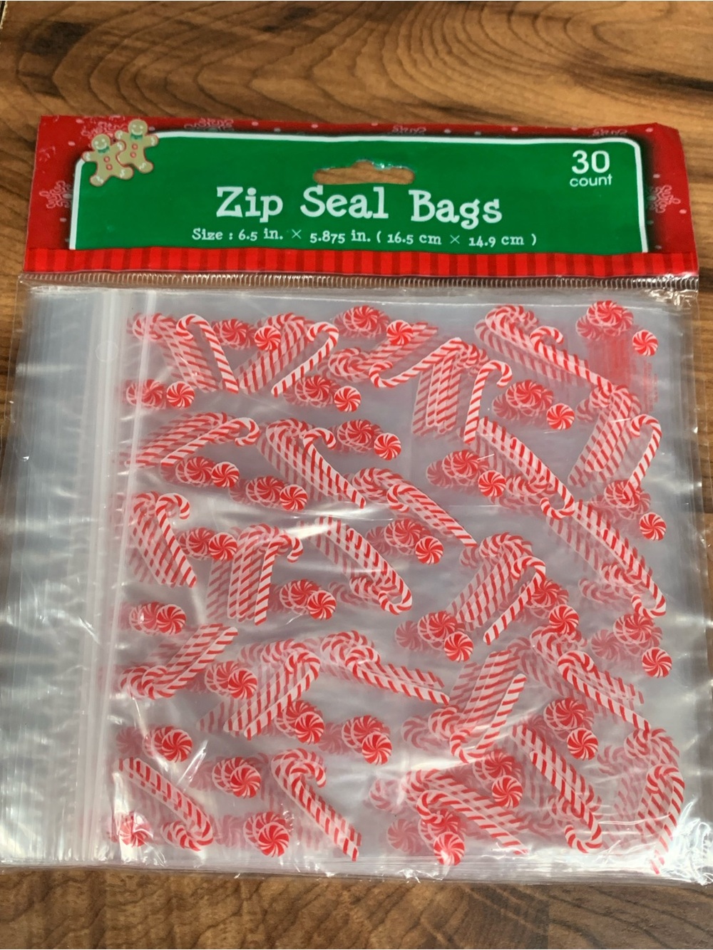 Zip Seal Bags with Red Candy Cane Print - 30 Count